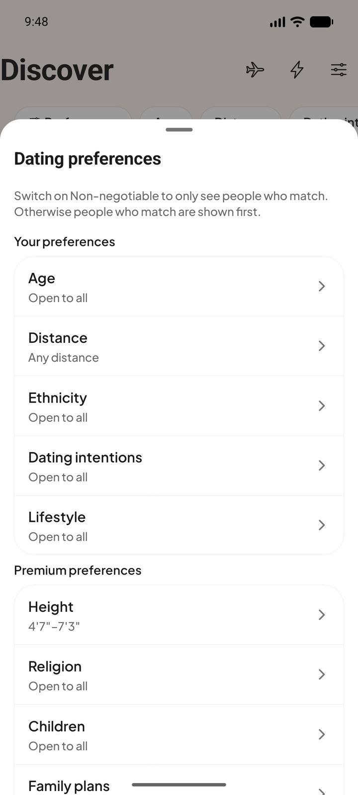 Dating preferences in Flirtzi, such as age, distance, dating intentions and lifestyle